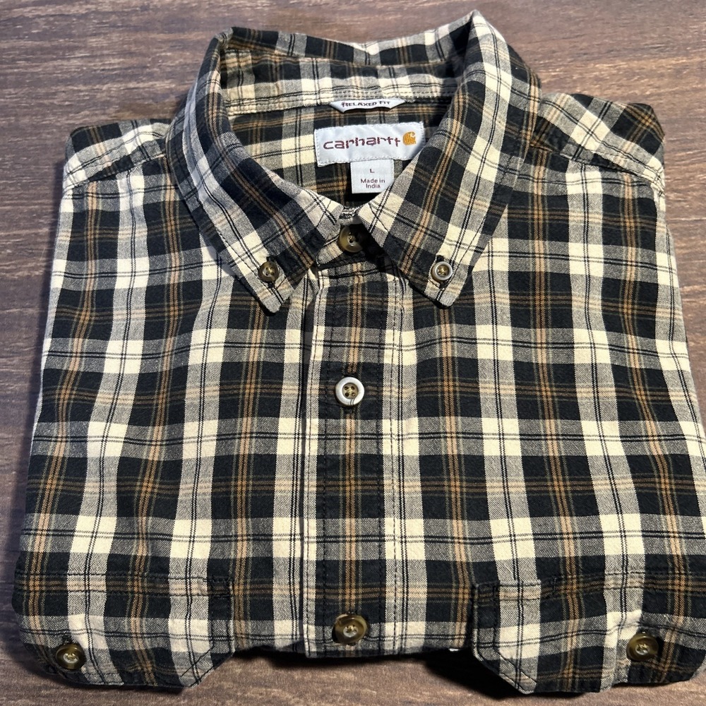 Carhartt Mens Size L Relaxed Fit Long Sleeve Dark Plaid Button Down Shirt Cotton